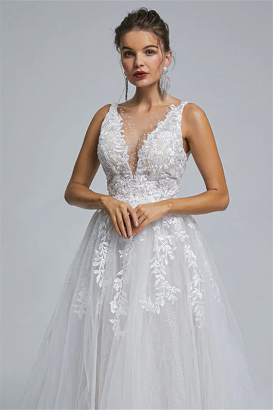Tulle A-line Sheer Straps V-neck Applique Floor-length Sleeveless Wedding Dress Cover - Image 5