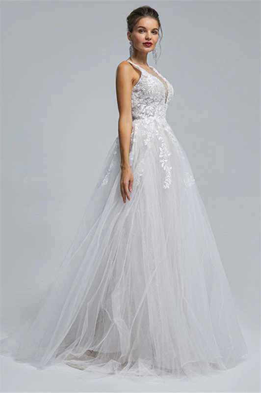 Tulle A-line Sheer Straps V-neck Applique Floor-length Sleeveless Wedding Dress Cover - Image 6