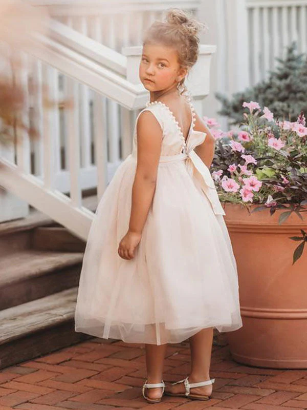 Tulle Champagne Jewel Neck Sleeveless Short Princess Party Dress Kids Sash Pageant Dresses - Image 3