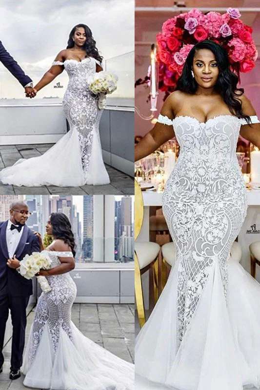 Tulle Court Train Mermaid Sleeveless Off the Shoulder Ruffless Wedding Dresses - Image 2