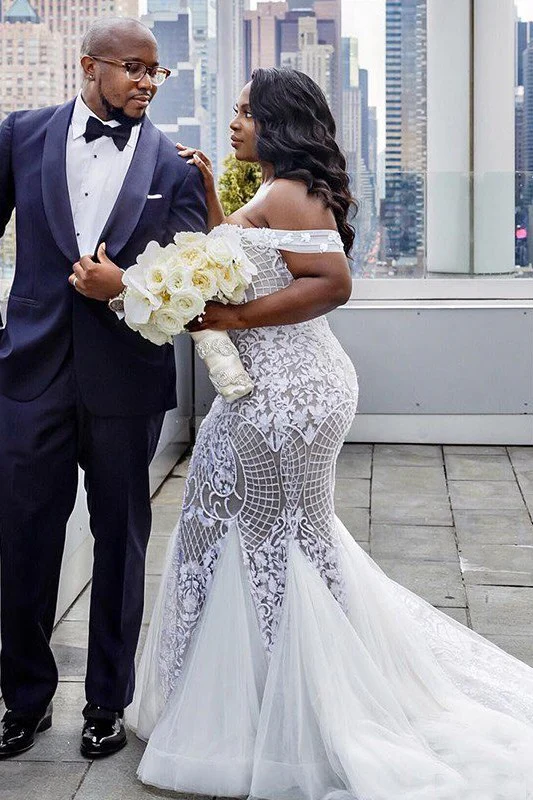 Tulle Court Train Mermaid Sleeveless Off the Shoulder Ruffless Wedding Dresses - Image 3