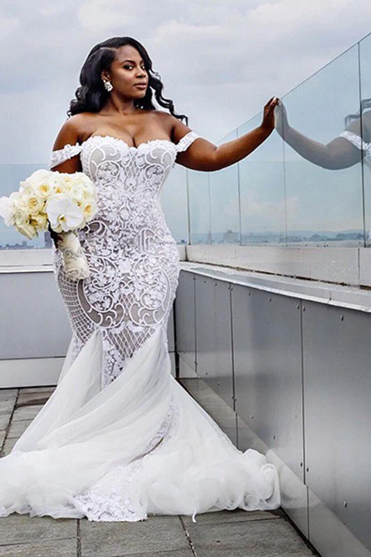 Tulle Court Train Mermaid Sleeveless Off the Shoulder Ruffless Wedding Dresses - Image 4