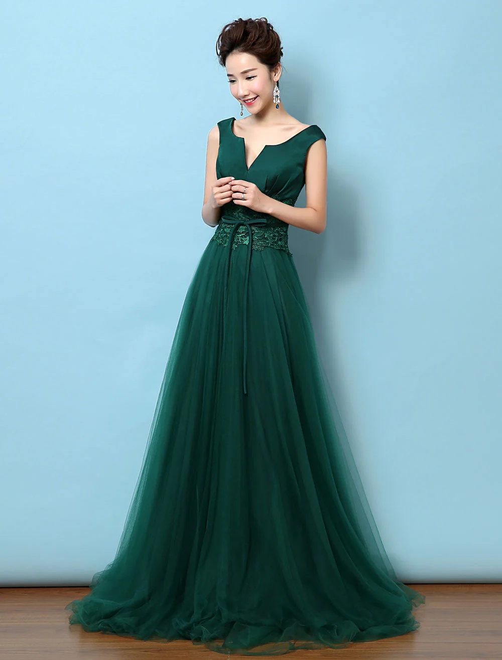 Dark Green Notched Neckline Tulle Evening Dress Backless Mother's Dress - Image 2