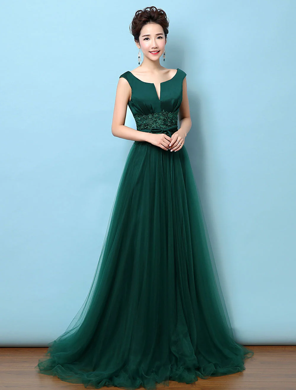 Dark Green Notched Neckline Tulle Evening Dress Backless Mother's Dress - Image 3