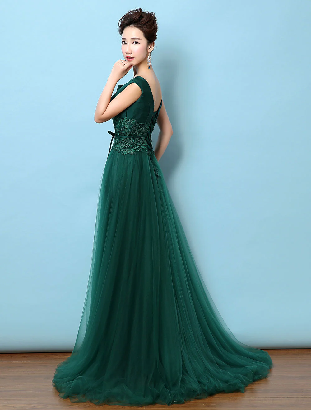 Dark Green Notched Neckline Tulle Evening Dress Backless Mother's Dress - Image 4