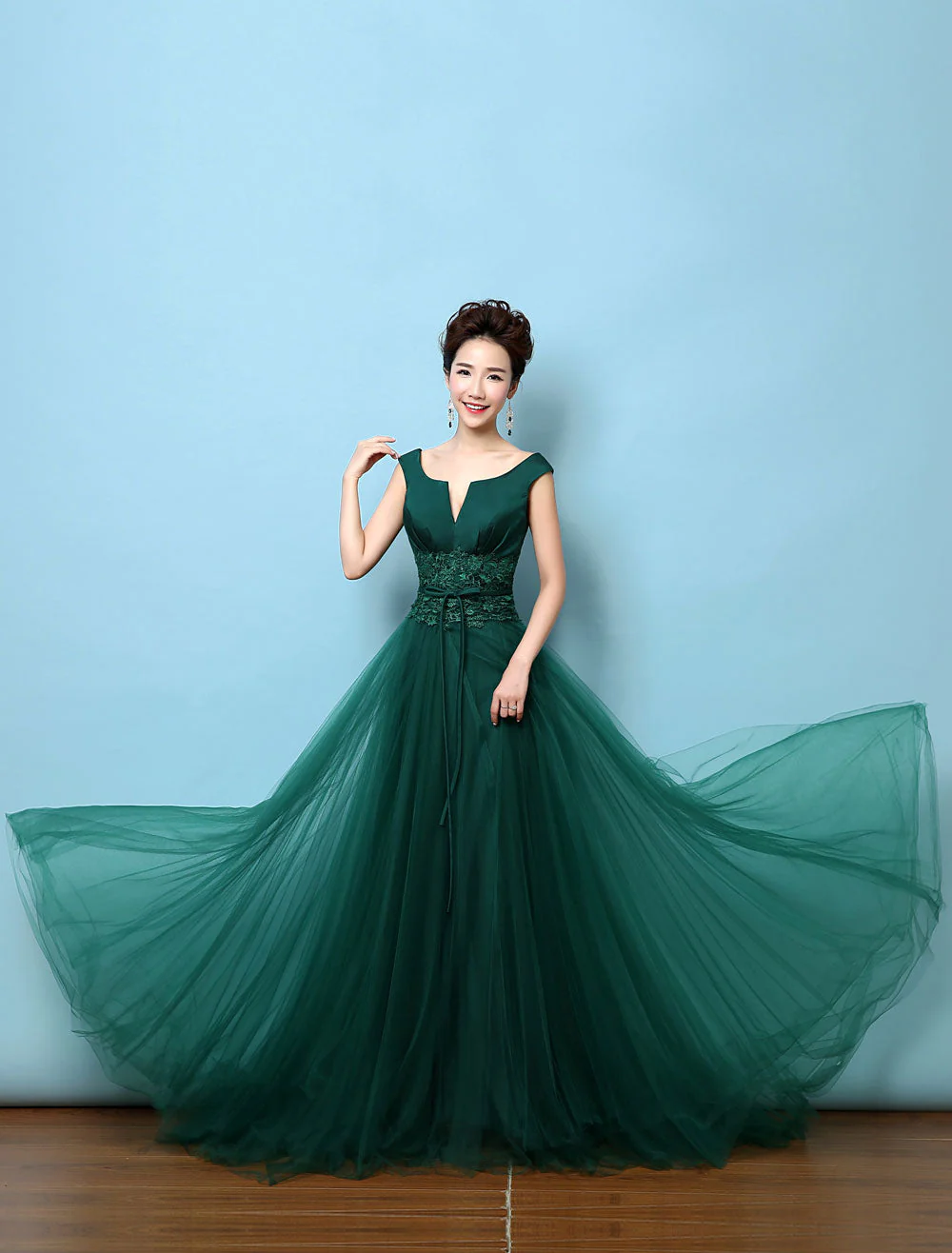 Dark Green Notched Neckline Tulle Evening Dress Backless Mother's Dress - Image 5