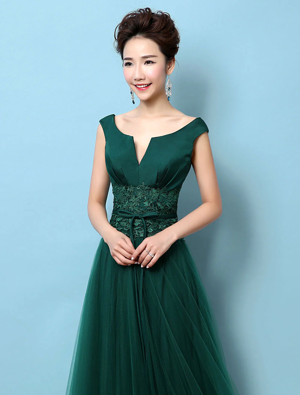 Dark Green Notched Neckline Tulle Evening Dress Backless Mother's Dress - Image 6