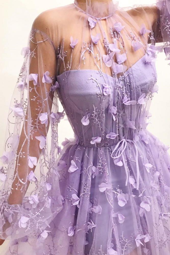Tulle High Neck Front Slit Prom Party Gowns| Chic Appliques Flowers Long Sleevess Prom Party Gowns - Image 2