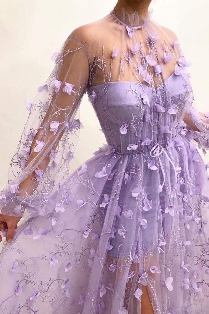 Tulle High Neck Front Slit Prom Party Gowns| Chic Appliques Flowers Long Sleevess Prom Party Gowns - Image 3