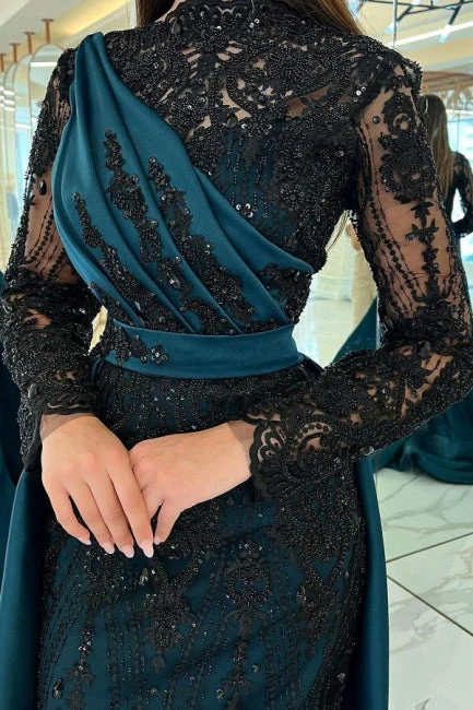Moden Black Long Sleeves Evening Dress Lace High-Neck - Image 2