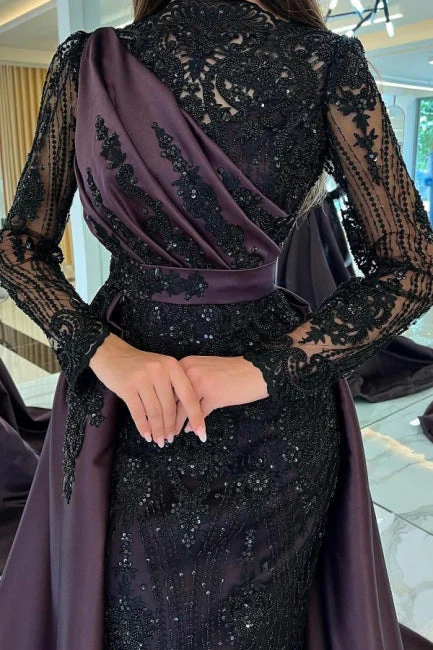 Moden Black Long Sleeves Evening Dress Lace High-Neck - Image 4