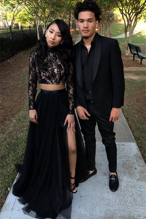 Two Piece Long Sleeves Evening Gown Black Chic Slit Lace Prom Party Gowns - Image 2