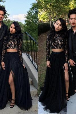 Two Piece Long Sleeves Evening Gown Black Chic Slit Lace Prom Party Gowns - Image 3
