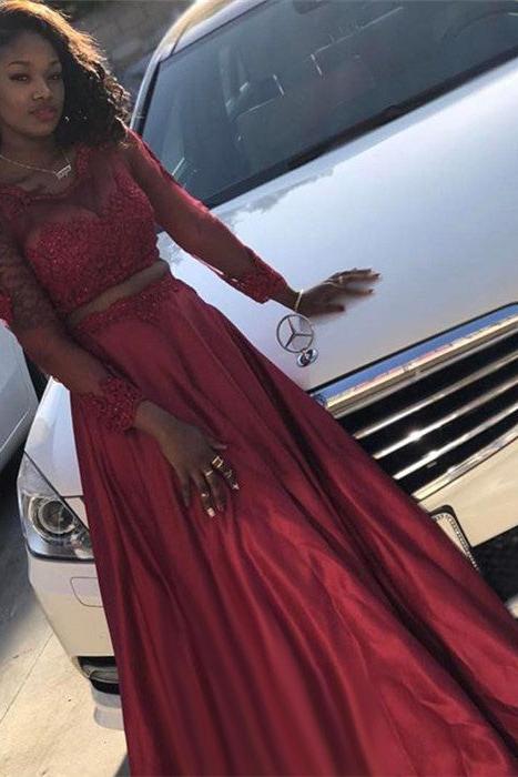 Two Pieces Round Neck Long Sleevess A-Line Prom Party Gowns - Image 2