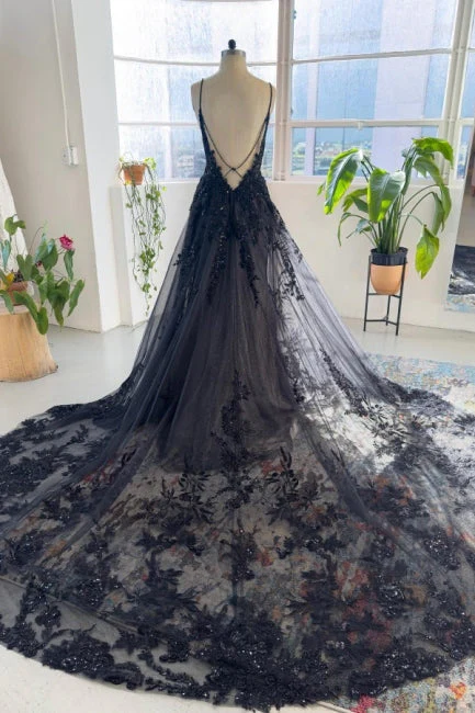 Vintage Black Spaghetti-Straps Sleeveless Long Lace Sequined Wedding Dresses Online - Image 2