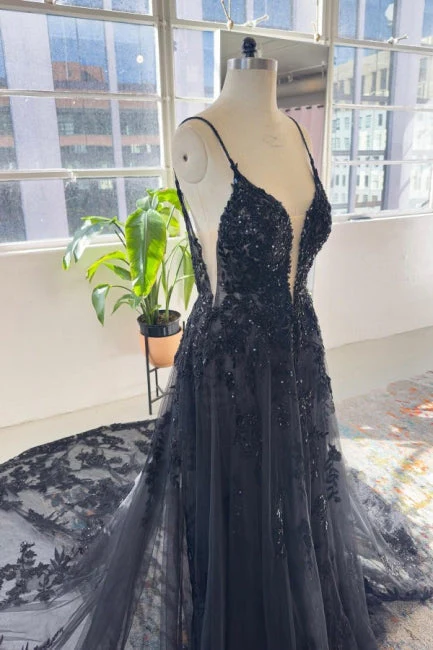 Vintage Black Spaghetti-Straps Sleeveless Long Lace Sequined Wedding Dresses Online - Image 3