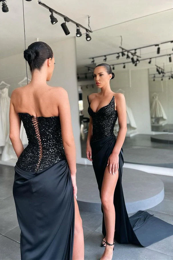 Unique Black special Strapless High-split Lace-up Sequined Prom Dress - Image 2