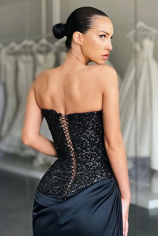 Unique Black special Strapless High-split Lace-up Sequined Prom Dress - Image 4