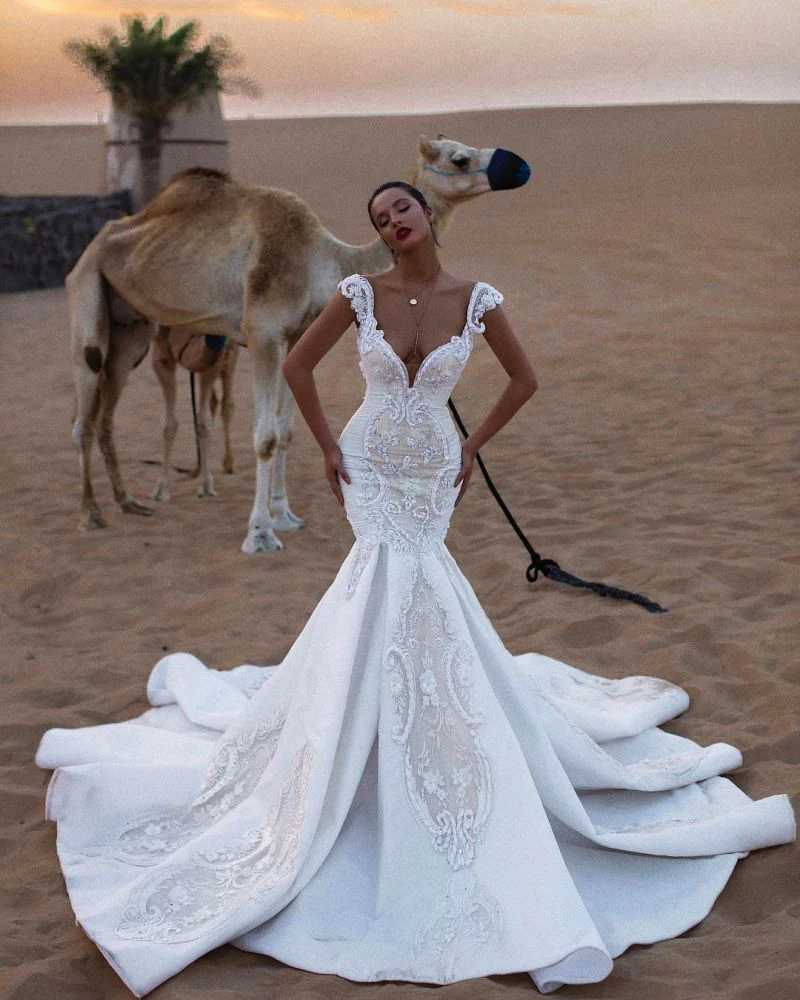Unique Cap Sleeves V-Neck Appliques Mermaid Sweep Train Wedding Dresses - Image 2