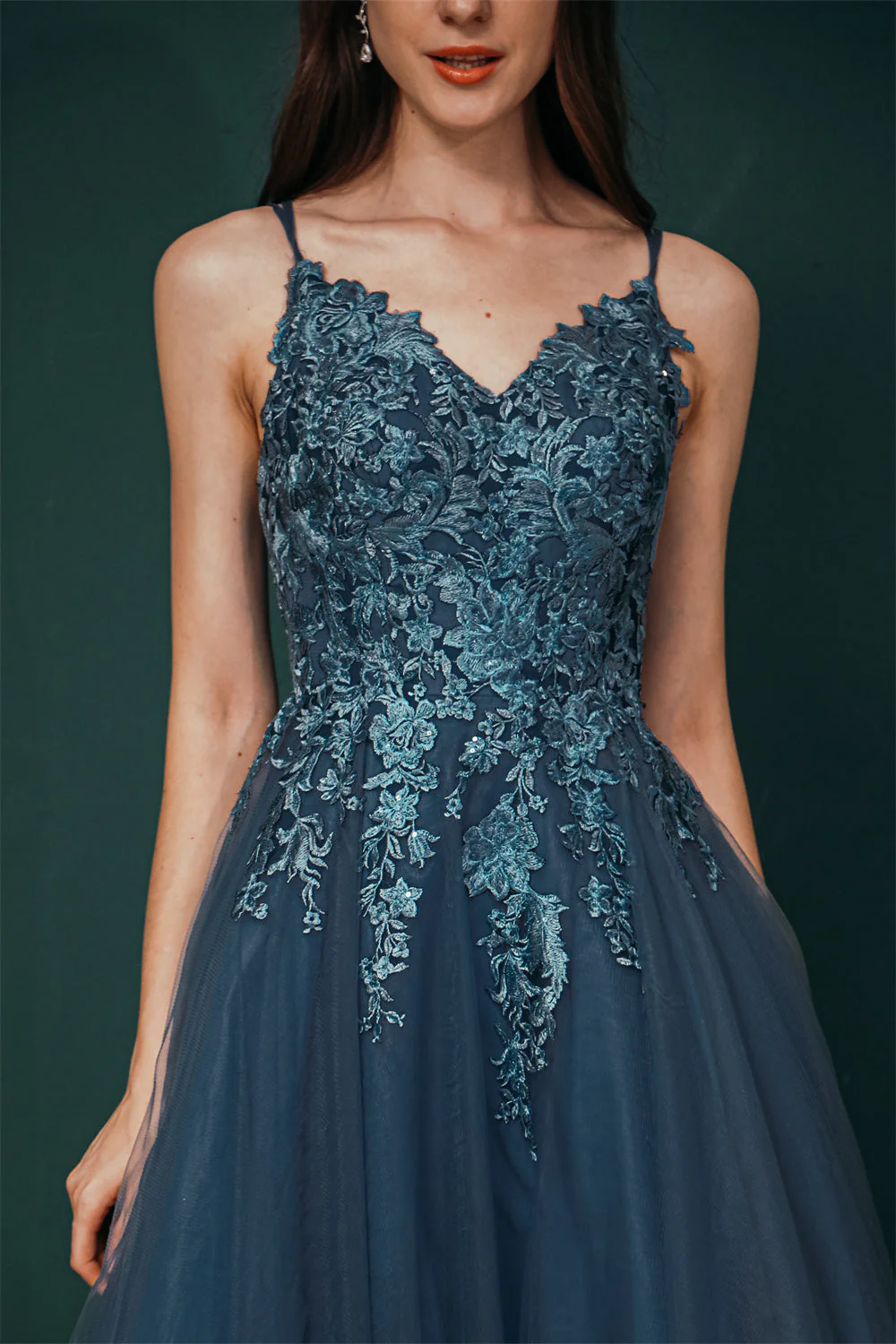 Unique Dusty Blue Tulle A-line Low back Spaghetti-strap Prom Dress - Image 2