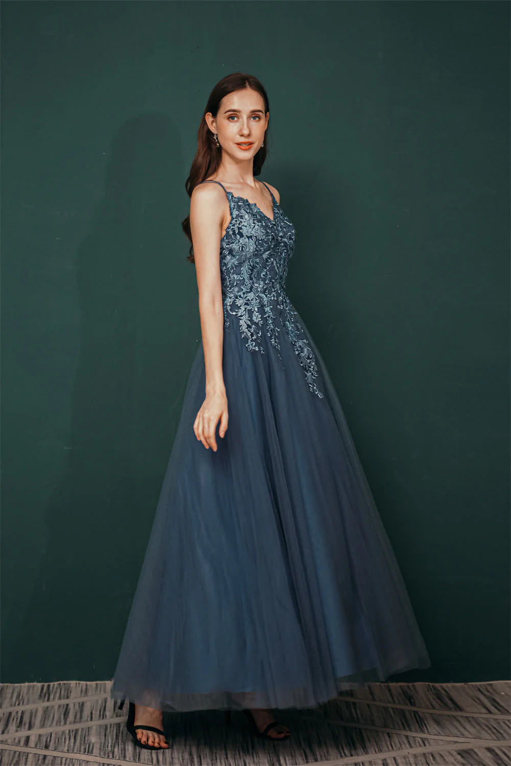 Unique Dusty Blue Tulle A-line Low back Spaghetti-strap Prom Dress - Image 5