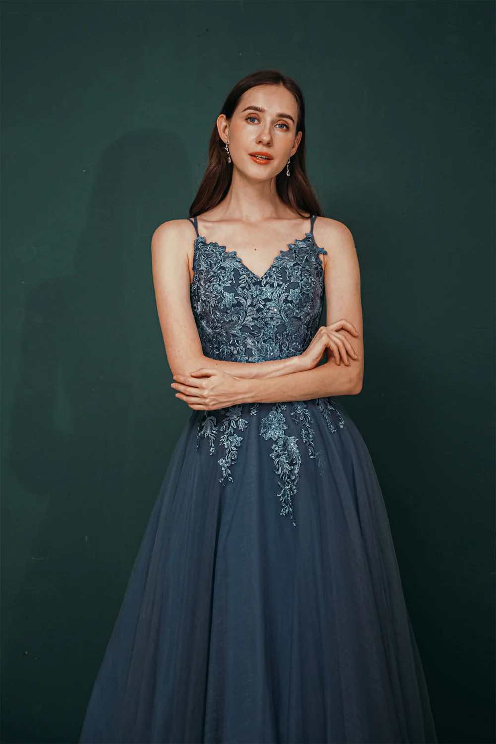 Unique Dusty Blue Tulle A-line Low back Spaghetti-strap Prom Dress - Image 6