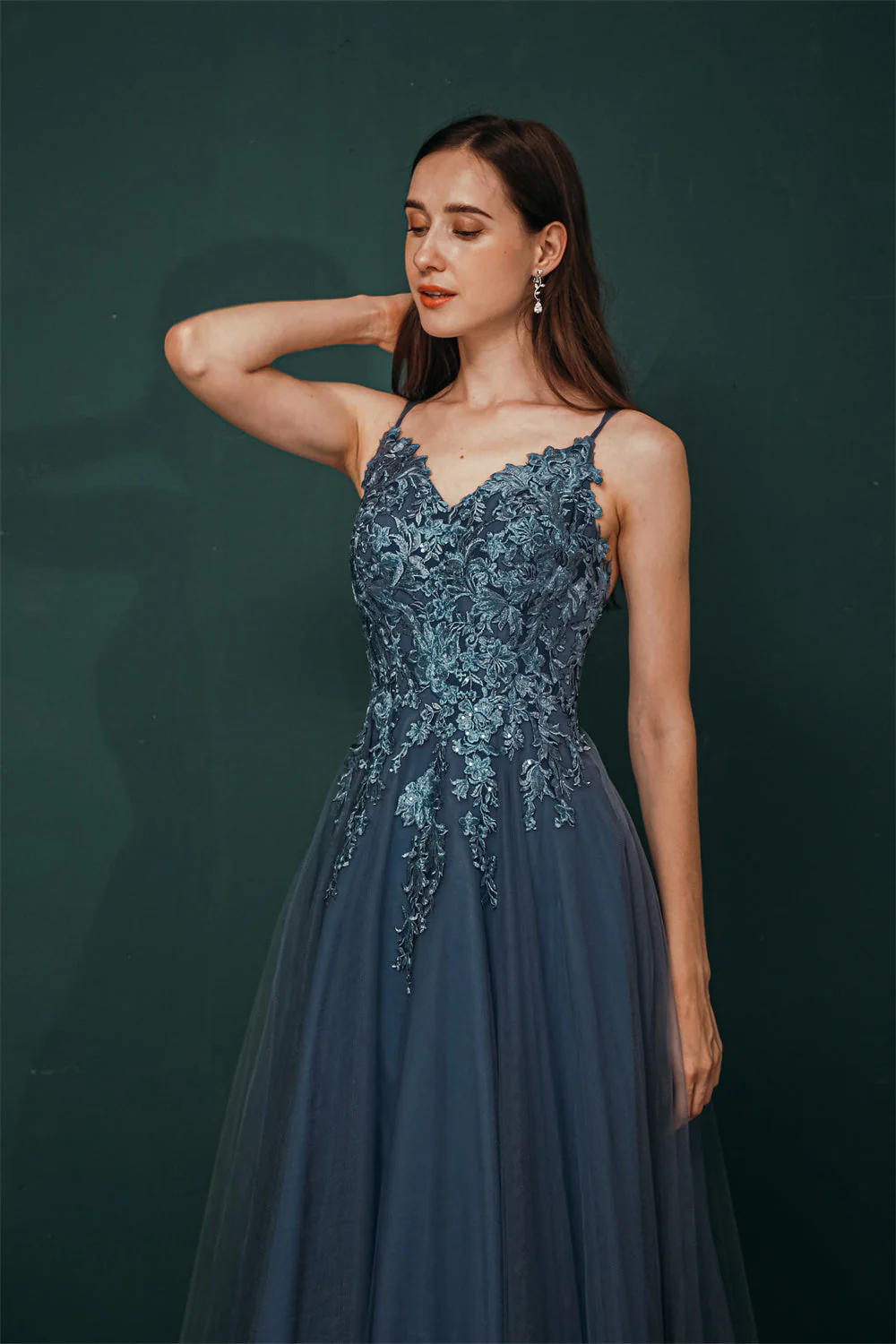 Unique Dusty Blue Tulle A-line Low back Spaghetti-strap Prom Dress - Image 8