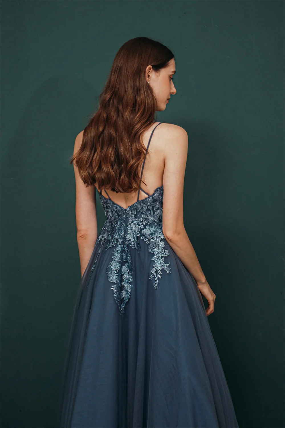 Unique Dusty Blue Tulle A-line Low back Spaghetti-strap Prom Dress - Image 9