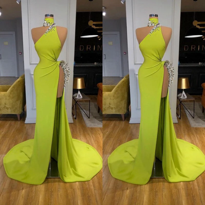 Unique Ginger yellow Triangle Neck Sexy high side-cut Long Evening Dress - Image 3