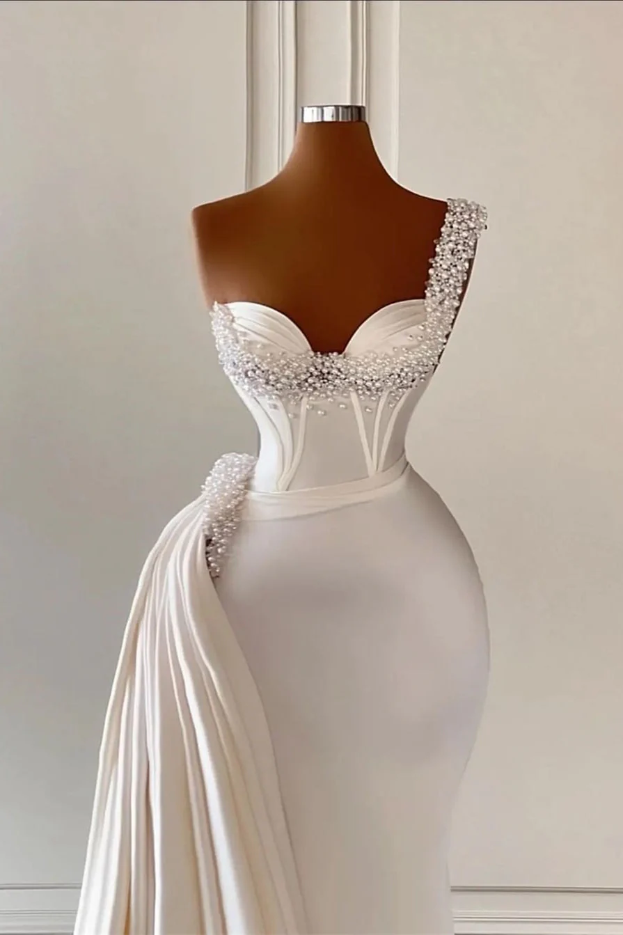Charming Ivory One Shoulder Sleeveless Sweetheart A-line Bridal Dress With Beads - Image 2