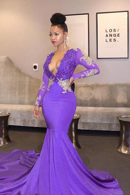 Unique Lace Appliques Deep Chic V-neck Prom Dresses Long Sleeves Fit and Flare Evening Gowns - Image 2