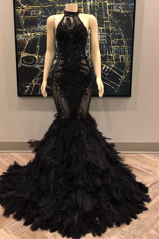 Unique Lace Appliques Halter Feather Prom Dresses Sleeveless Alluring Fit and Flare Evening Gowns - Image 2