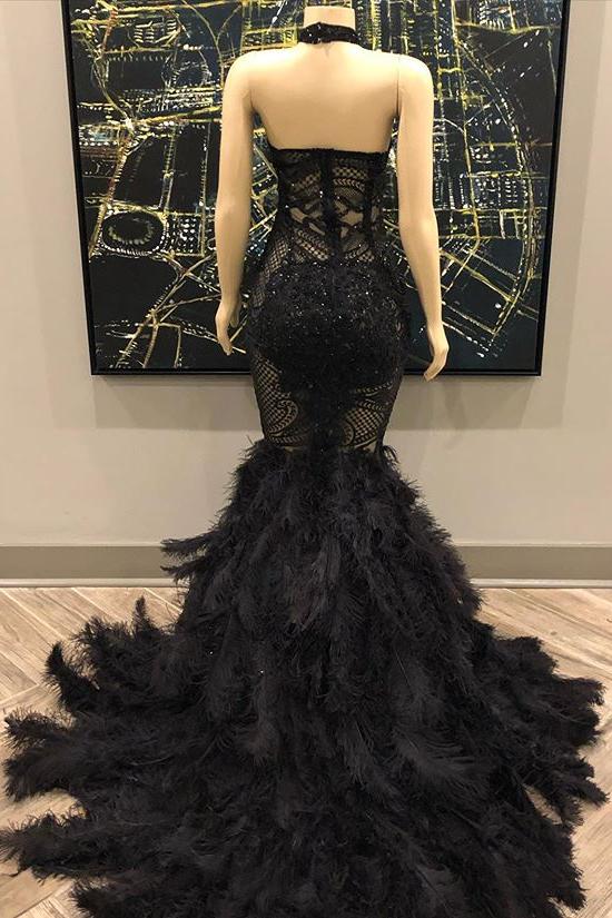 Unique Lace Appliques Halter Feather Prom Dresses Sleeveless Alluring Fit and Flare Evening Gowns - Image 3