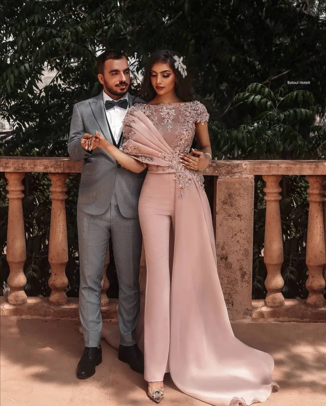 Unique Long Dusty Pink Cap sleeves Beaded Prom Pants - Image 2