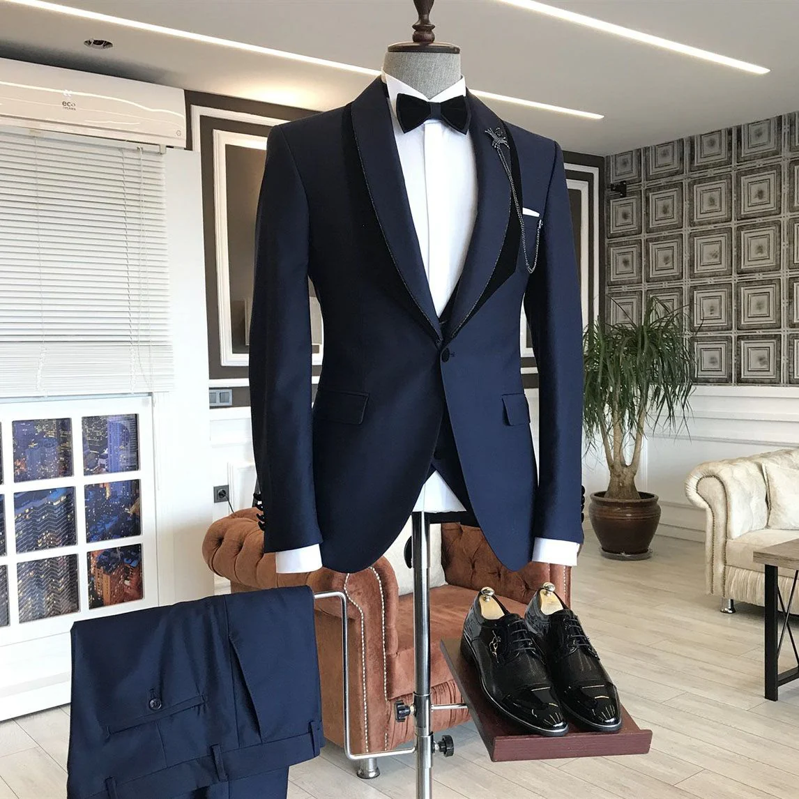 Unique Navy Blue Shawl Lapel With One Button Wedding Suit - Image 2