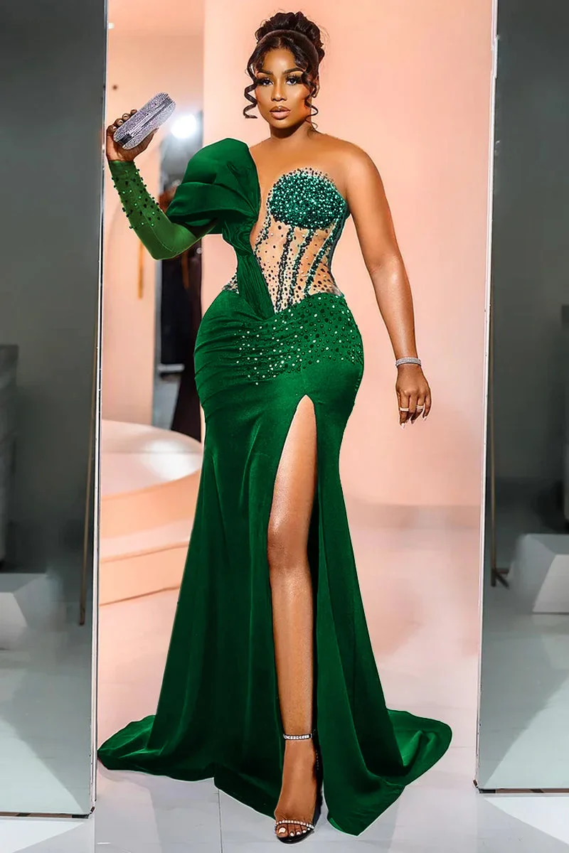 Unique One Shoulder Emerald Green High Split Floor length Prom Dresses - Image 2
