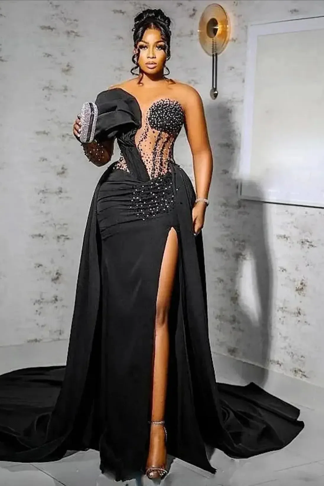 Unique One Shoulder Emerald Green High Split Floor length Prom Dresses - Image 3