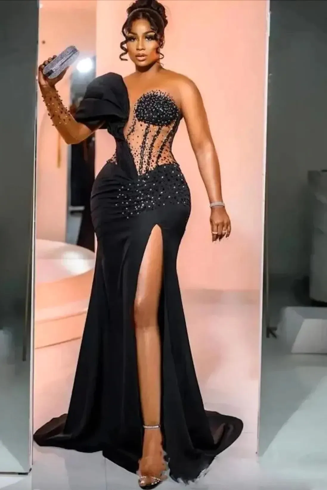 Unique One Shoulder Emerald Green High Split Floor length Prom Dresses - Image 5