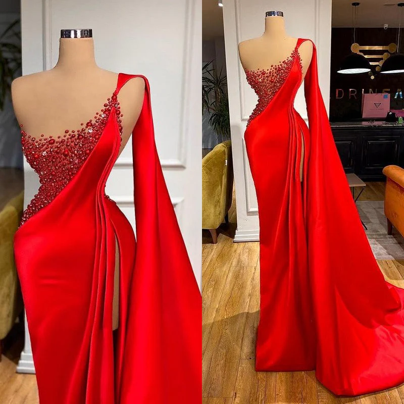 Unique Red Stones Sleeveless High split mermaid Evening Dress - Image 3