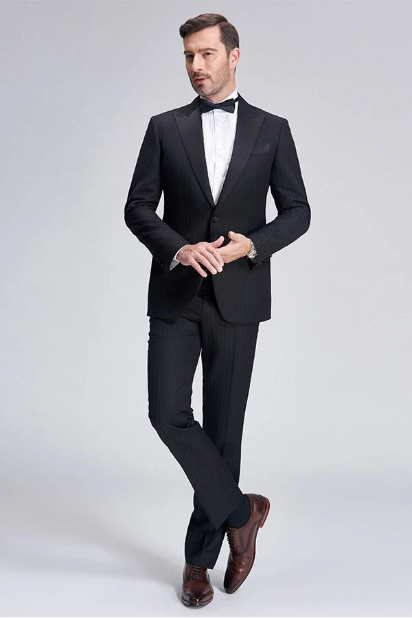 Unique Silk Peak Lapel Black Mens Suits for Wedding One Button Stripes Wedding Tuxedo - Image 2
