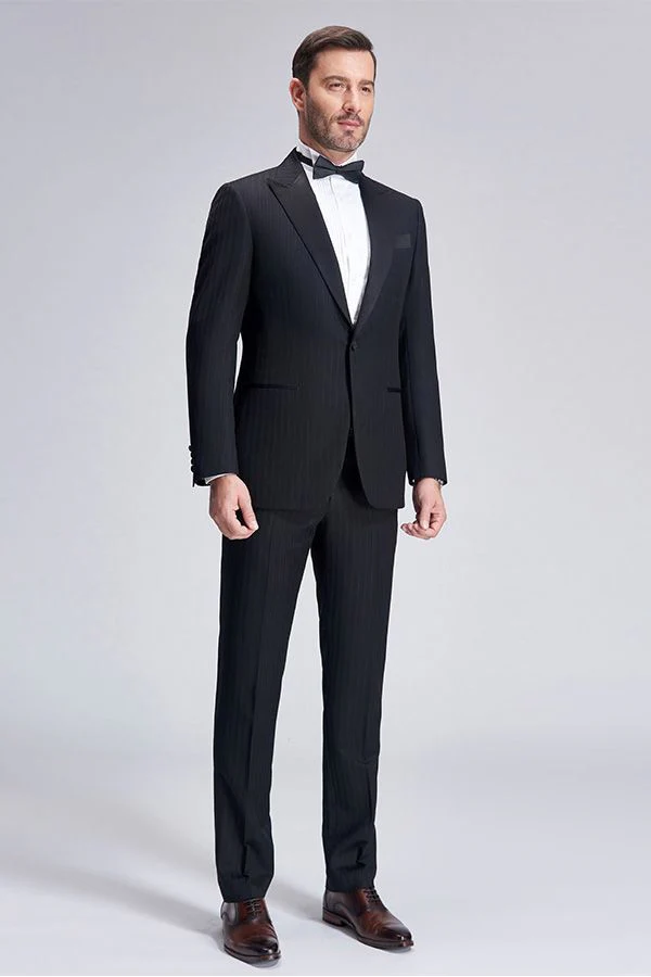 Unique Silk Peak Lapel Black Mens Suits for Wedding One Button Stripes Wedding Tuxedo - Image 3