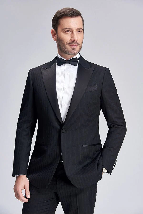 Unique Silk Peak Lapel Black Mens Suits for Wedding One Button Stripes Wedding Tuxedo - Image 8