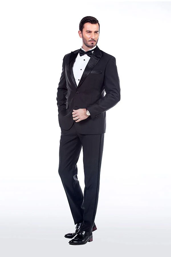 Unique Silk Peak Lapel Two Buttons Solid Black Wedding Suits for Men - Image 2