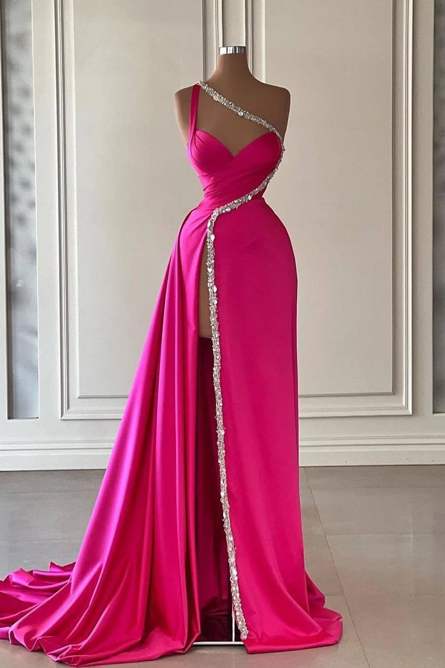 Unique Silver Beaded High Split Court Train Mermaid One shoulder Prom Dresses - Image 2