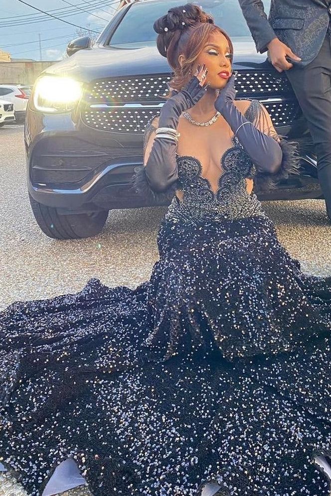 V-neck Beaded Sequined Mermaid Long Prom Dresses - Image 2