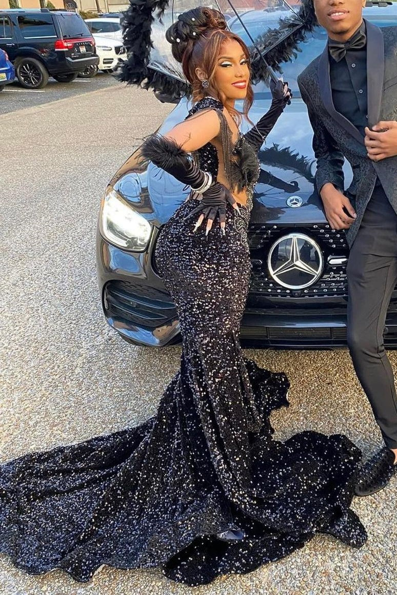 V-neck Beaded Sequined Mermaid Long Prom Dresses - Image 3