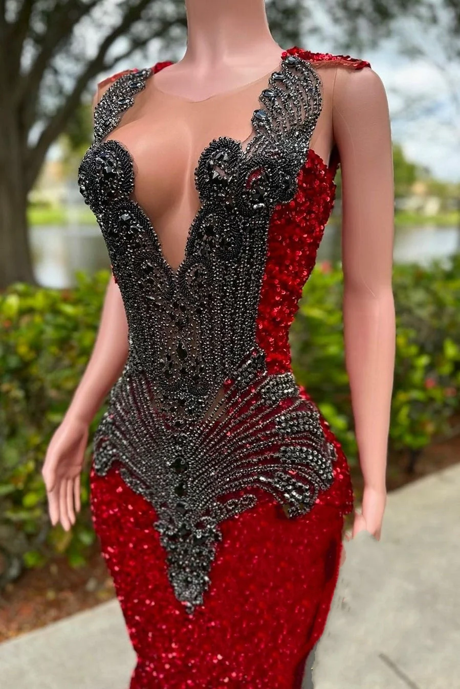 V-neck Burgundy Sequin Prom Dresses with Dark Sequins - Image 2