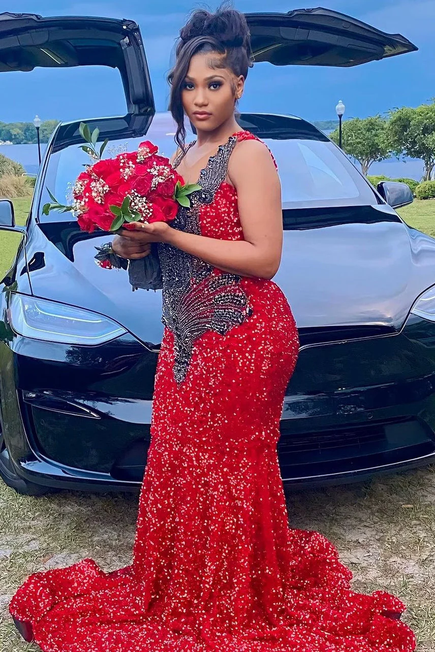 V-neck Burgundy Sequin Prom Dresses with Dark Sequins - Image 3