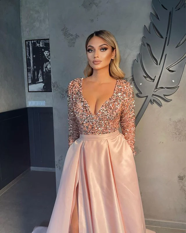 Long Sleeves V-Neck Sequins Prom Dress Long With Slit Online - Image 2