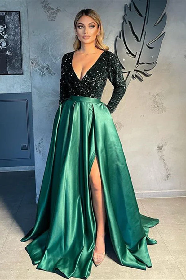 Long Sleeves V-Neck Sequins Prom Dress Long With Slit Online - Image 3
